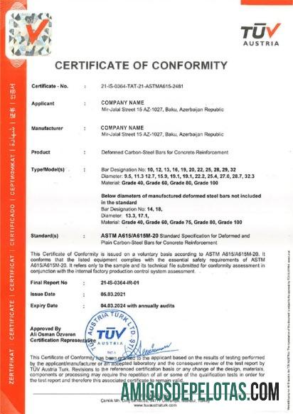 Exemplo de Certificado de Conformidade da Áustria